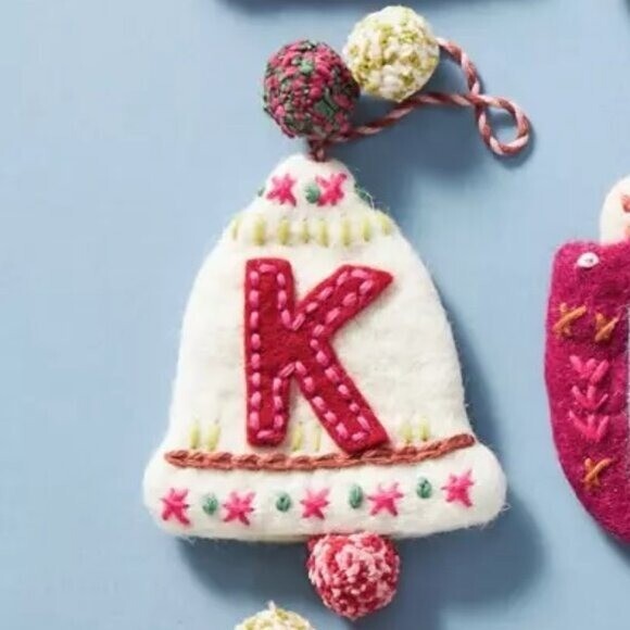 Anthropologie Snow Day Monogram K Ornament NEW Felt Wool Sleigh Sled Christmas