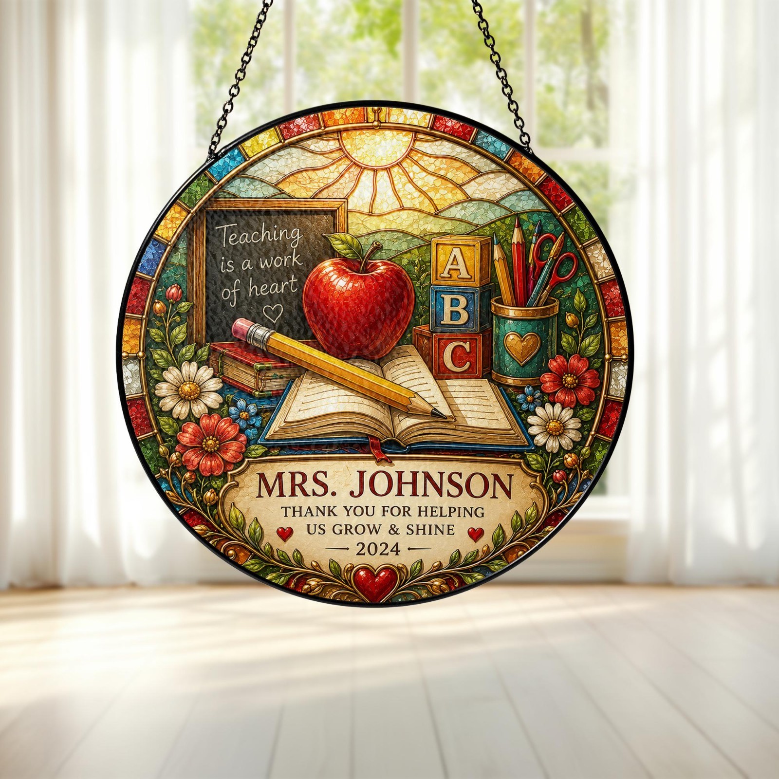 Personalized Teacher Stained Glass Suncatcher Custom Name Classroom Window Gift