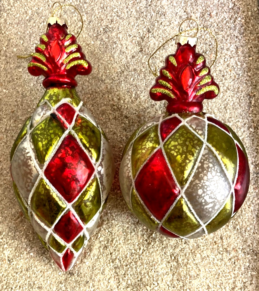 Set of 2 Large Christmas Ornaments Jewel Tones Vtg Mercury Style Harlequin 7″-5″