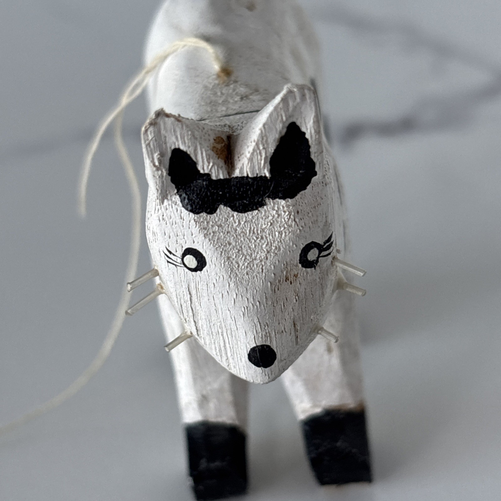 Carved Wooden Cat Figure Kitty Black White Polka Dot Folk Art Ornament Ring Hold