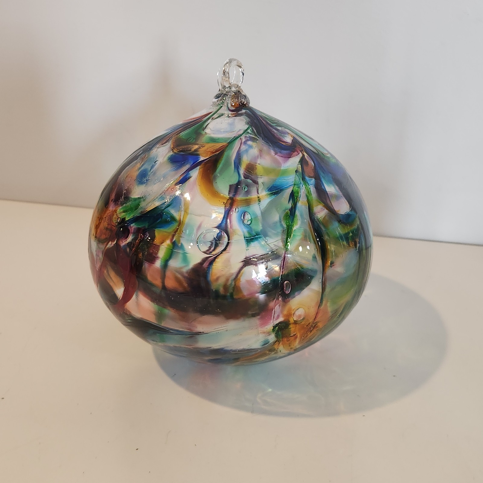 Hand Made Art Glass Hanging Ornament Orb Ball 9″ Large Clear Muliticolor