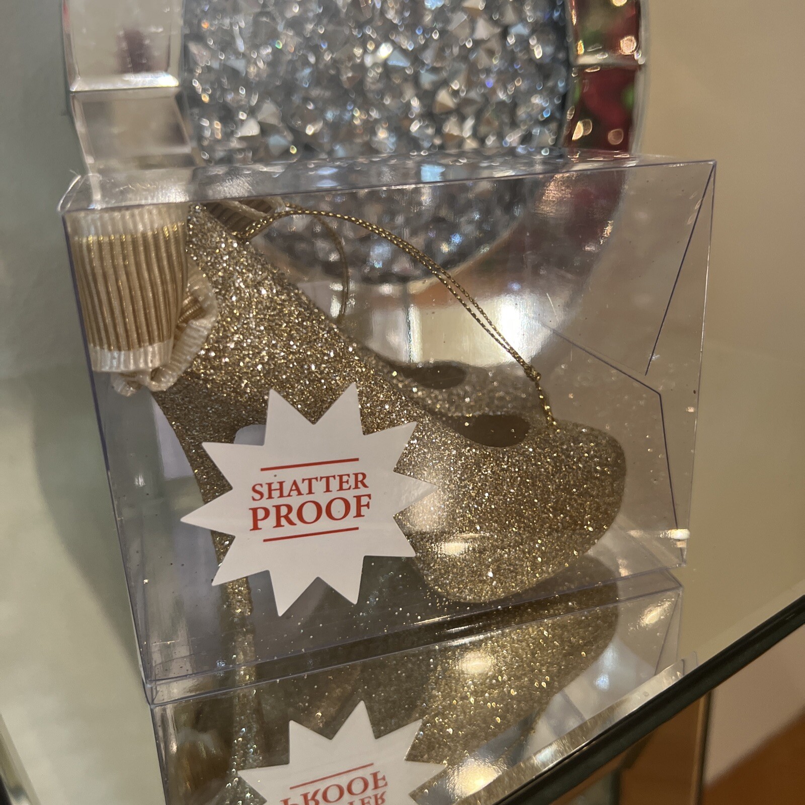 High Heel and Bow Gold Glitter Shoes Christmas Ornament New In Box Shatter Proof