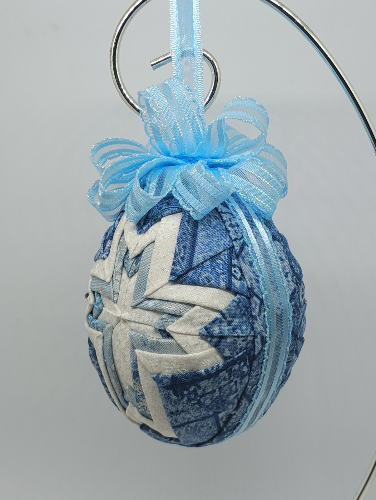 Blue/White Fabric Geometric Egg Hanging Christmas Ornament w/ Blue Ribbon Bow