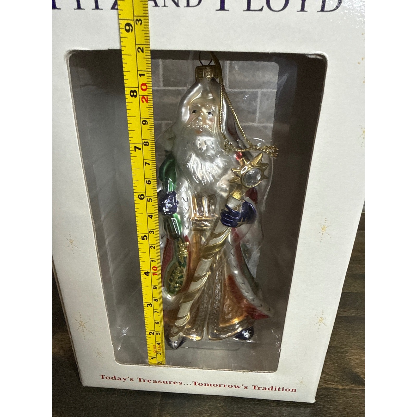 Fitz and Floyd Large Santa Holding Staff Glass Christmas Ornament New in Box