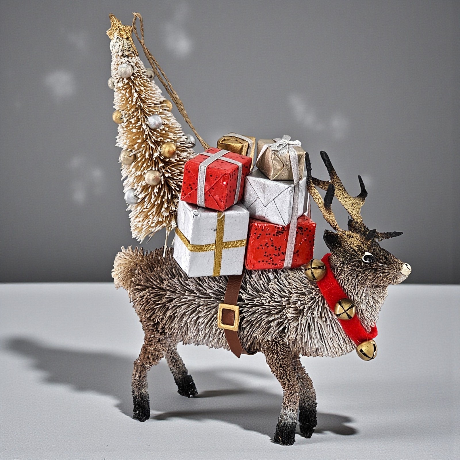 Pottery Barn Reindeer Ornament Bottlebrush Stag Gifts Bells Christmas Tree NWOT