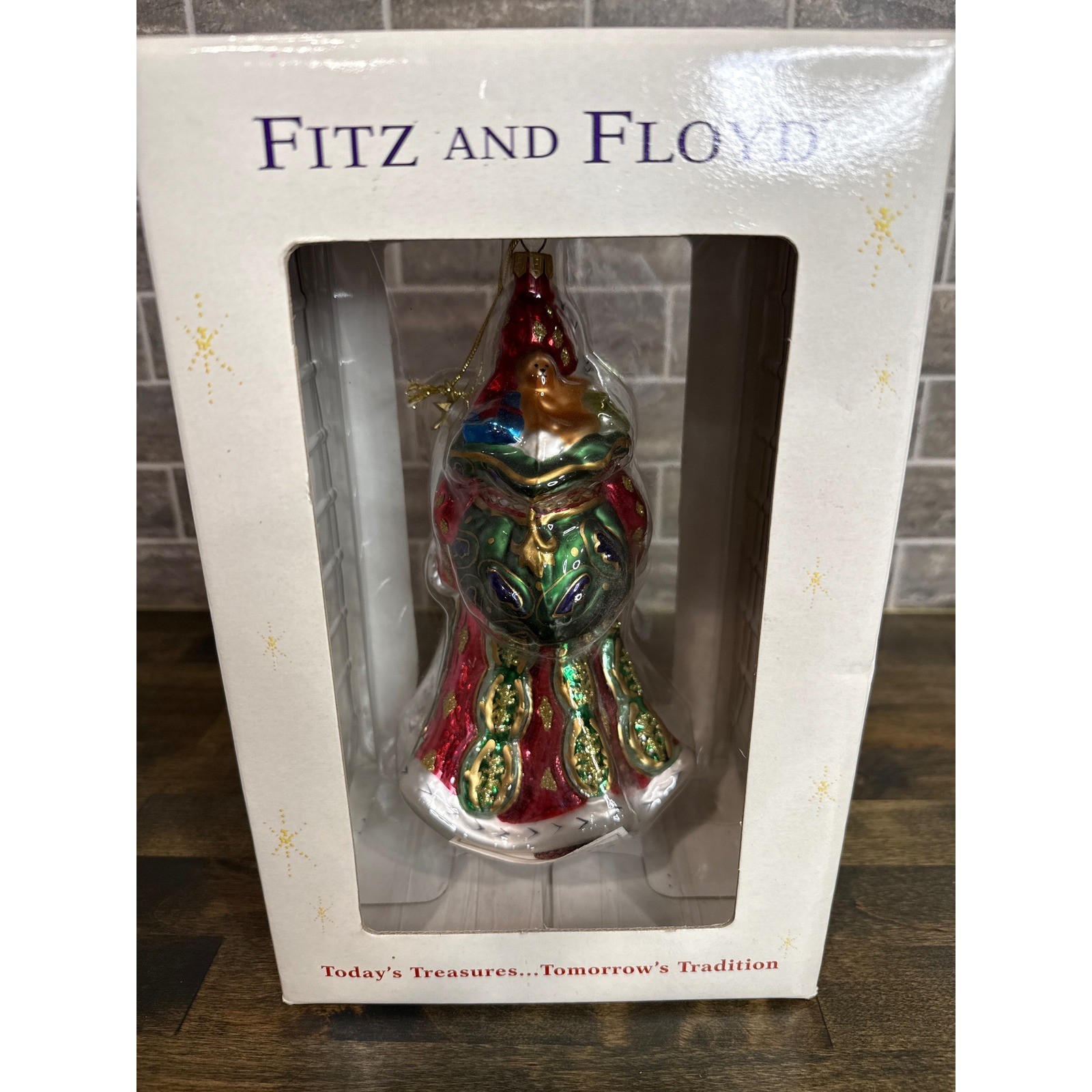 Fitz and Floyd Large Santa Holding Staff Glass Christmas Ornament New in Box