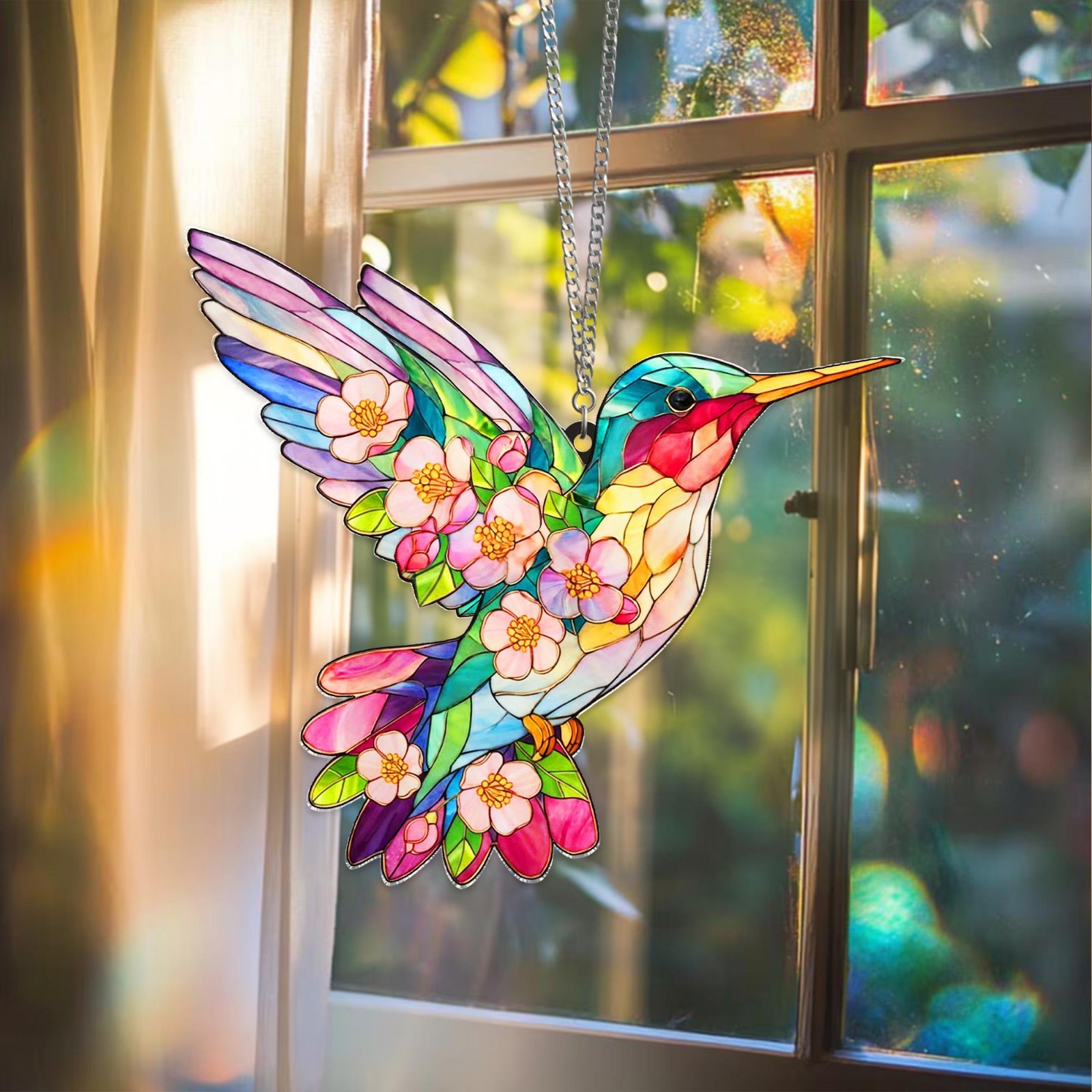 Hummingbird Floral Acrylic Suncatcher Colorful Bird Window Hanging Garden Gift