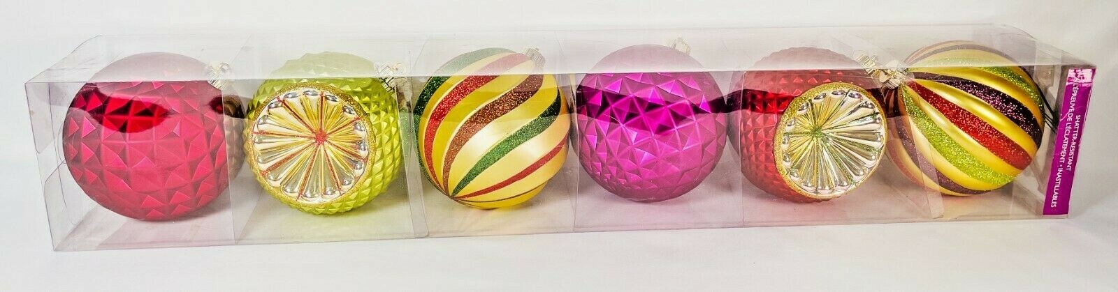 5.5″ CHRISTMAS BALLS, NEVER BEEN USED in UNIQUE BRIGHT COLORS & GLITTER!!!