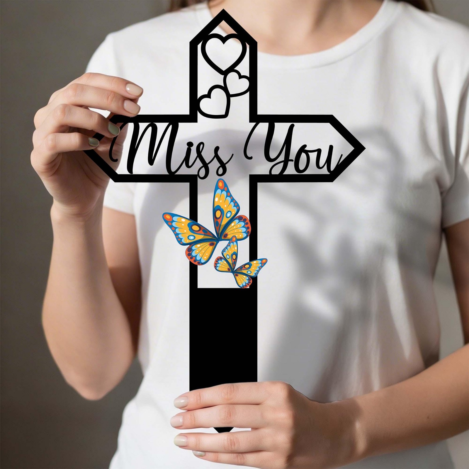 Miss You Memorial Cross Garden Stake, Butterfly Sympathy Gift, Metal Grave Marke