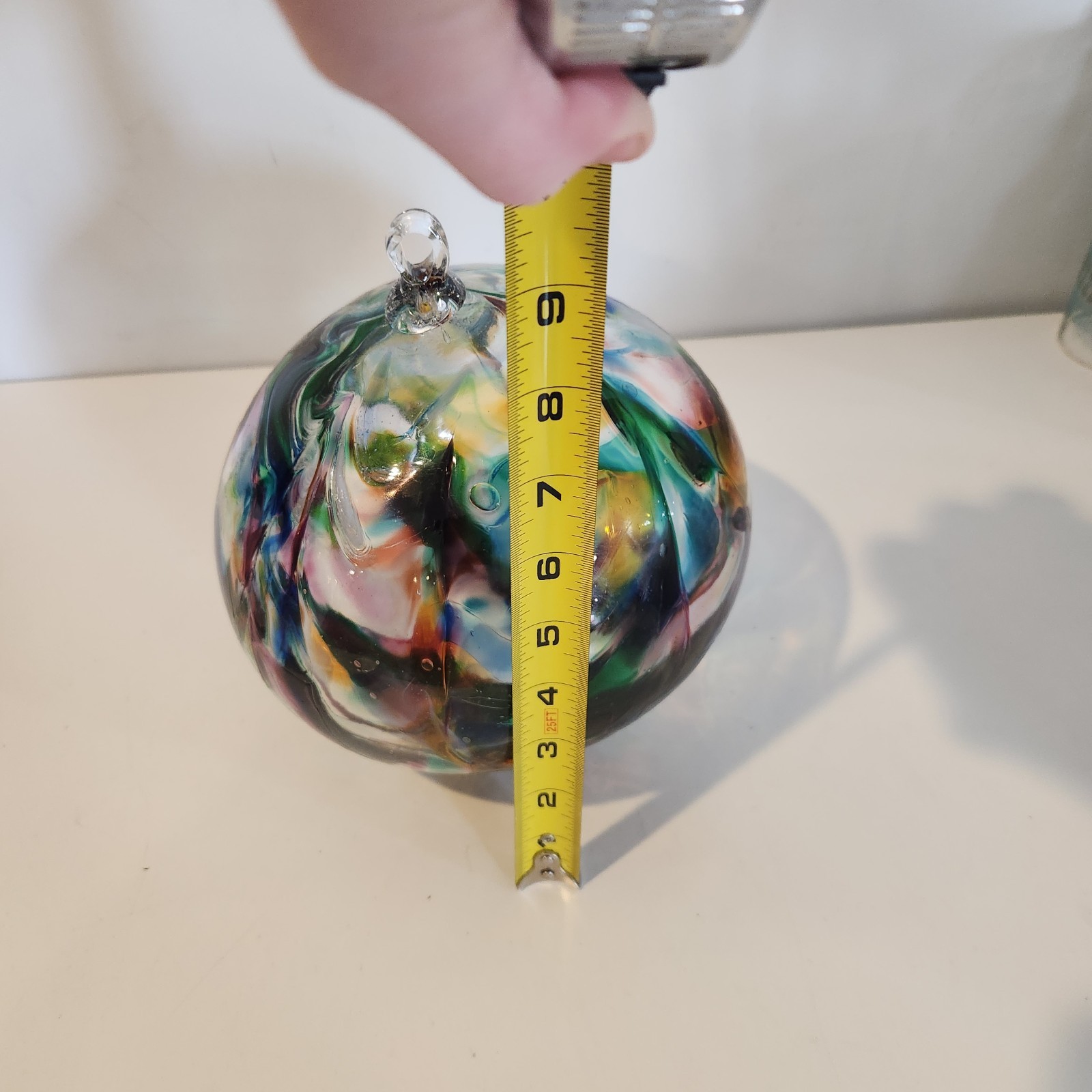 Hand Made Art Glass Hanging Ornament Orb Ball 9″ Large Clear Muliticolor