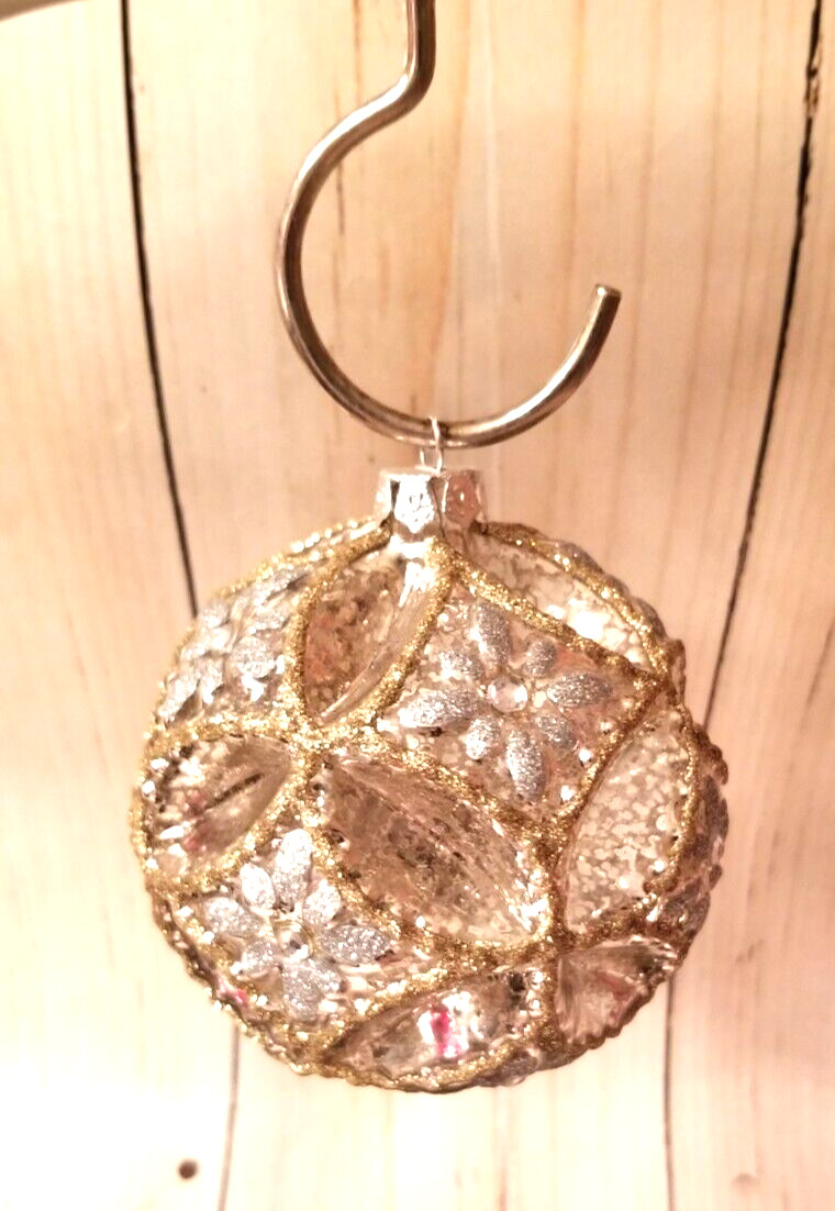 Holiday Christmas Ornaments Gold Silver Sparkle Crown Top Round Elegant Set of 2