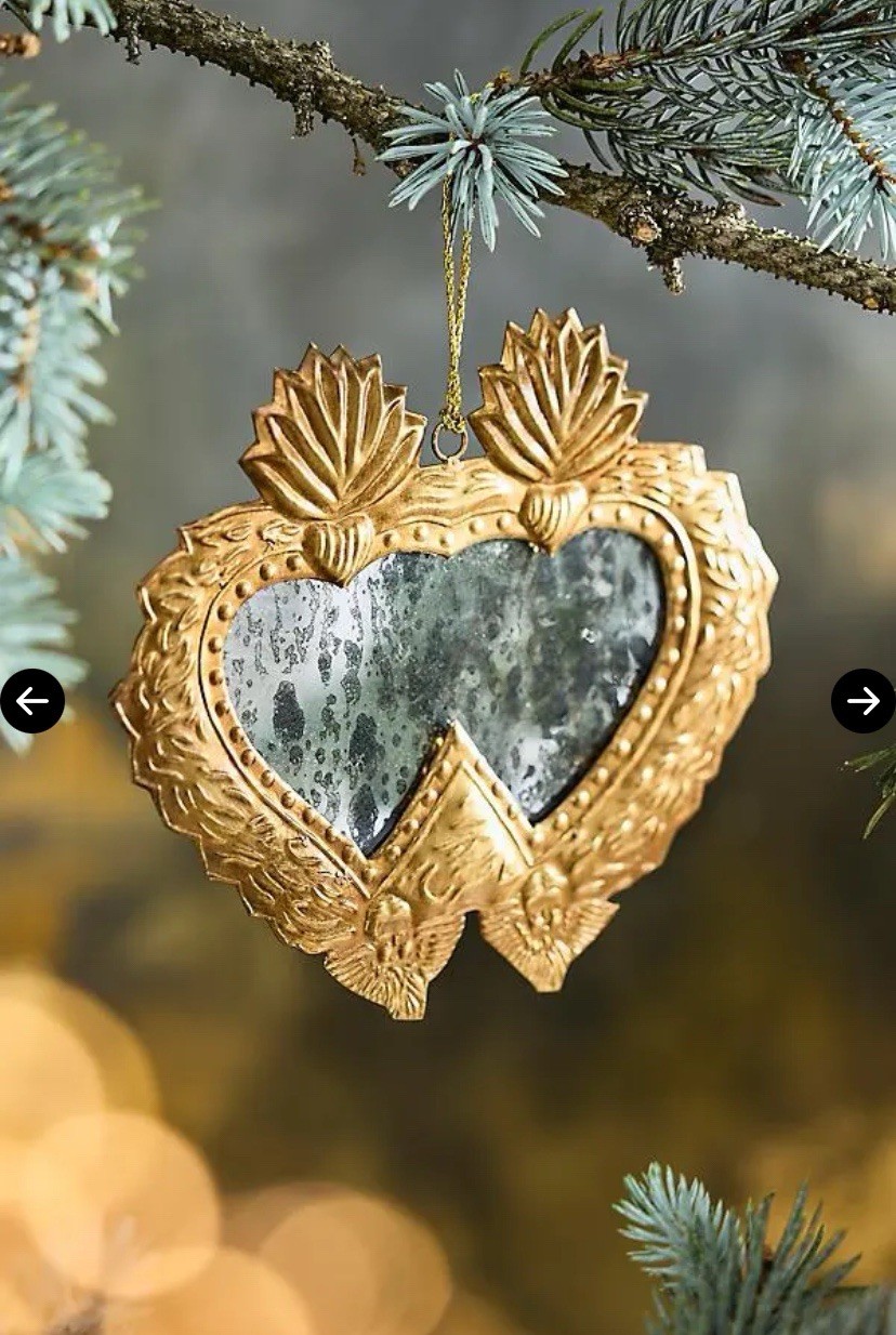 Anthropologie Mirrored Copper Heart Ornament Sacred Crown Aged Vintage Look NEW