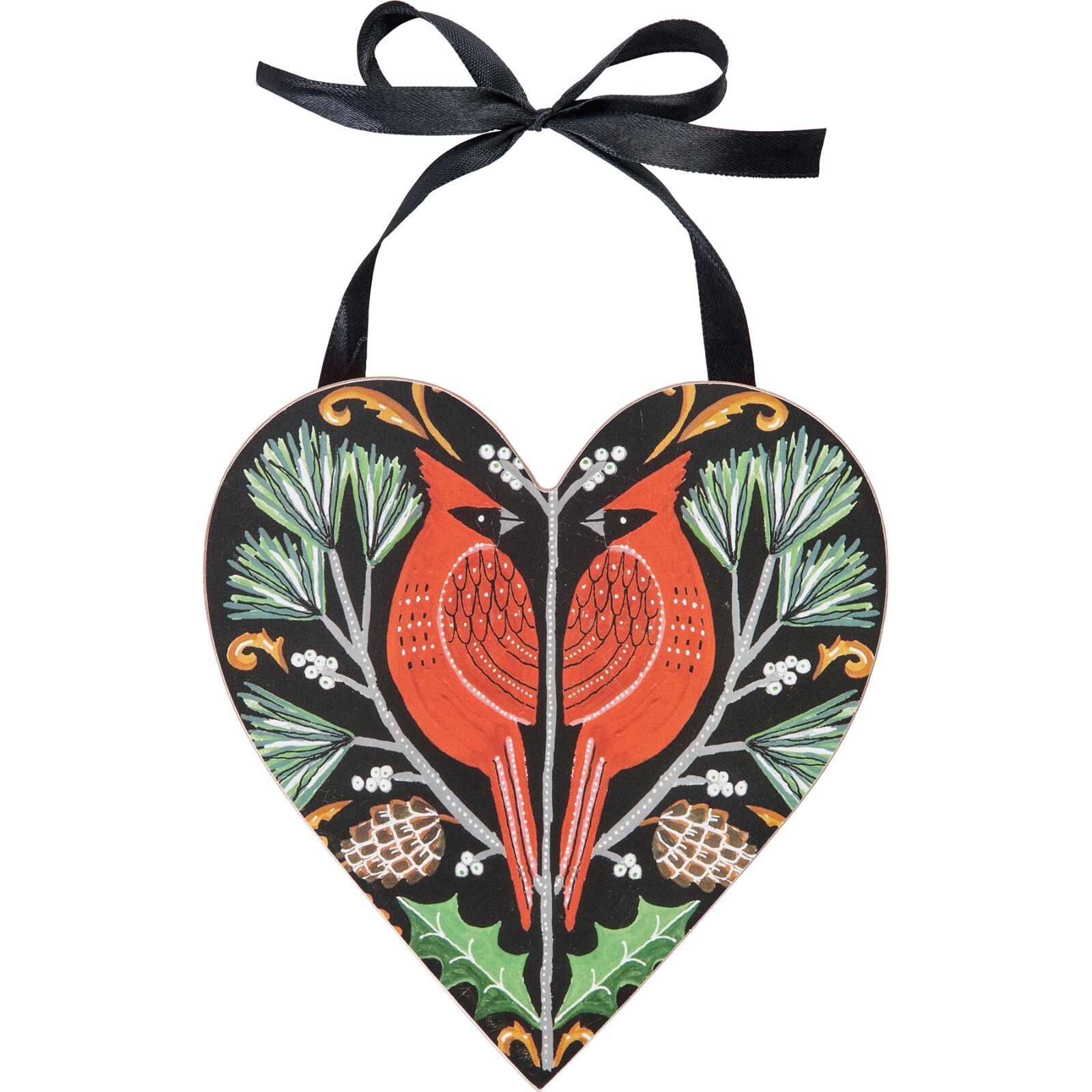Wood Heart Cardinal ornament, ribbon hanger, 5 3/4″ Tall, PBK, NWT