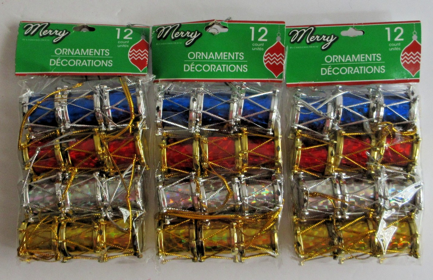 Christmas House DRUM ORNAMENTS w Holographic Foil 12 Ct/Pk 1″ Lot of 3 Packages
