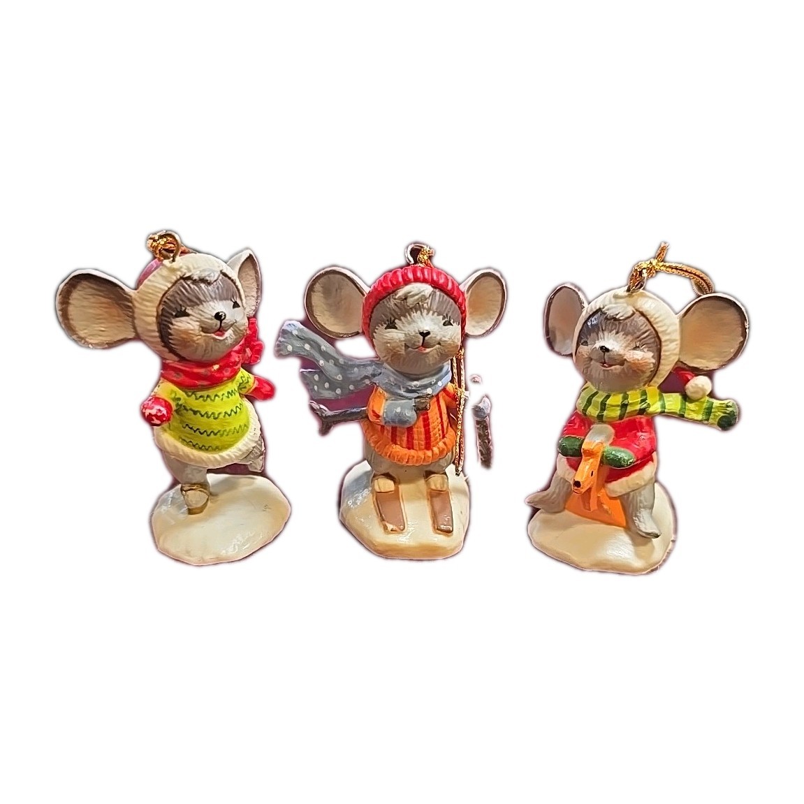 Vintage 80s 3 Outdoor Mice Skating Christmas Around the World Ornament Set