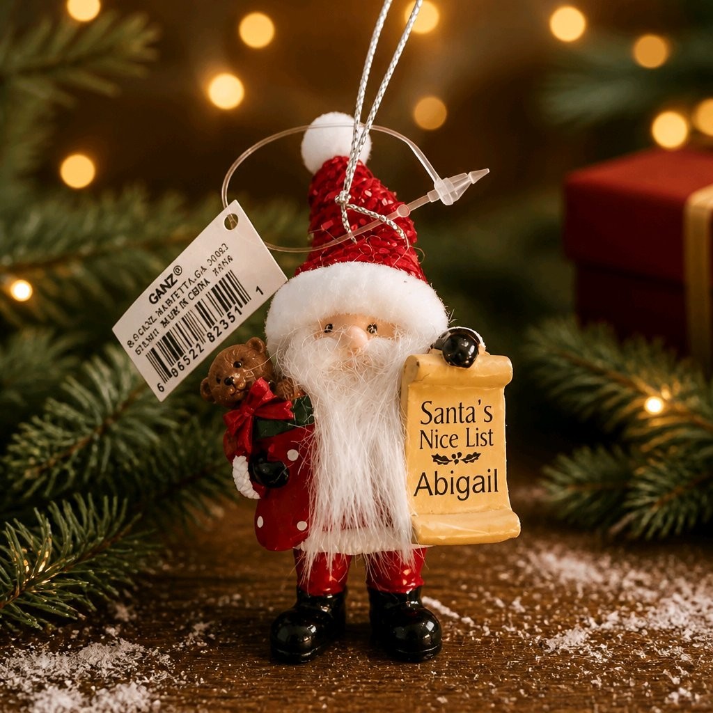 GANZ Personalized Santa Nice List Christmas Ornament Teddy Bear Tree Choose Name