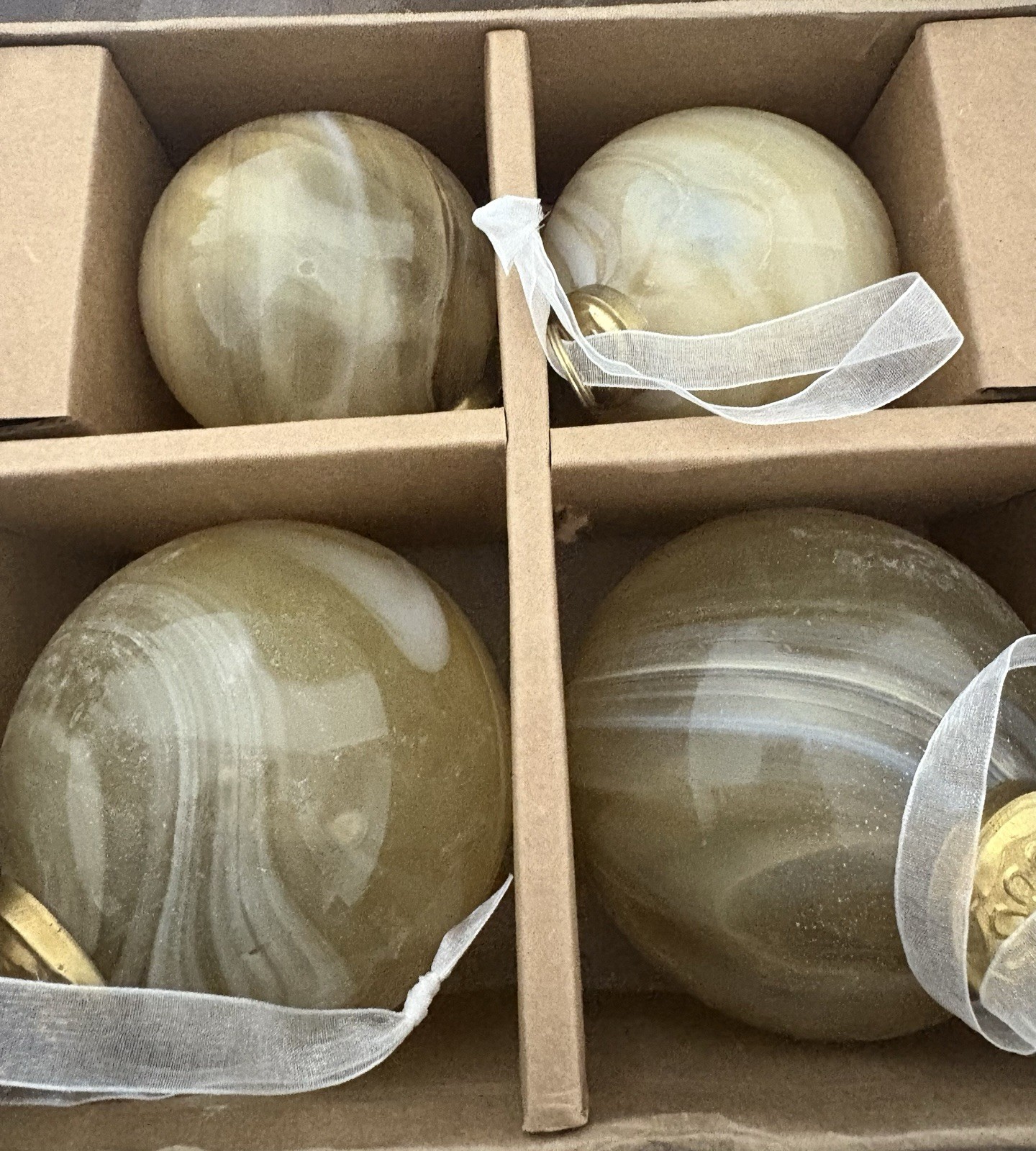Christmas Ornament Baubles Tan White Cream Glass Boxed Set of 4 Holiday Glam
