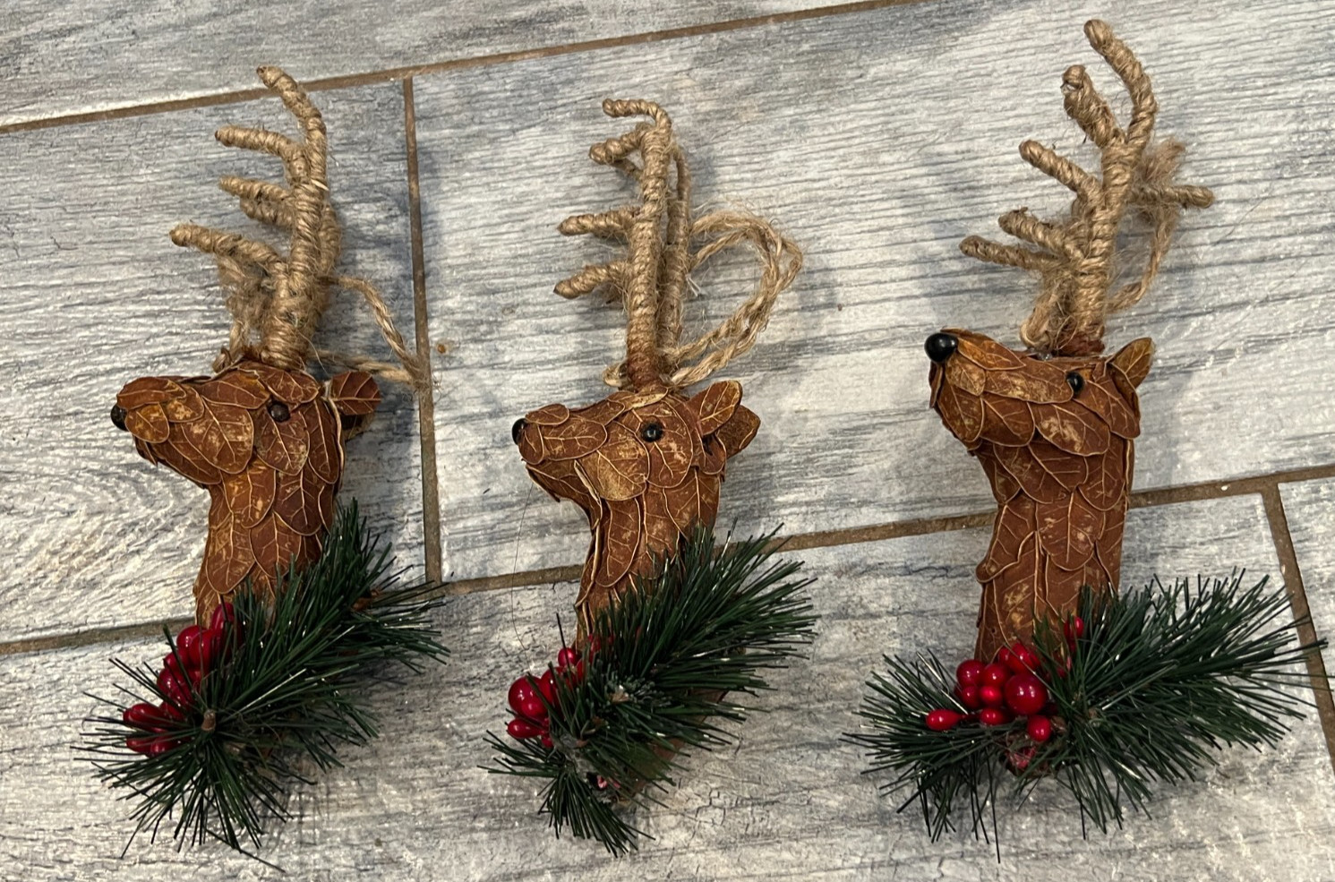 3 Reindeer head Christmas ornaments holiday Natural Deer Mount Rustic Wood Pine